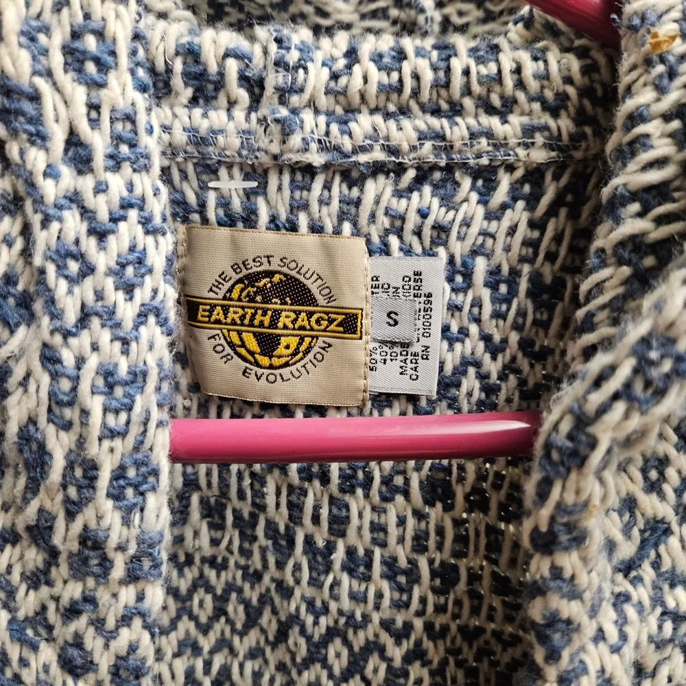 Earth Rags knit sweatshirt hoodie pullover blue white frayed baha boho "drug rug - Picture 3 of 5